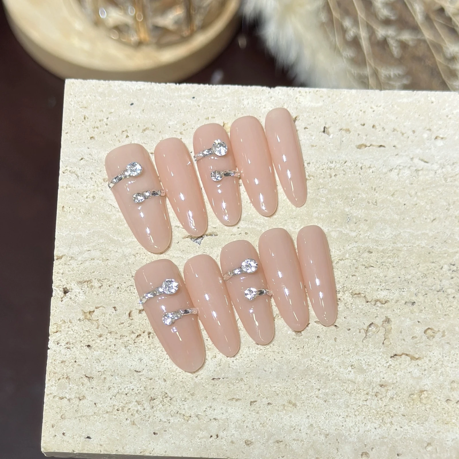 10 Piece Long Oval Press On Nails with Flexible Resin Tips, Nude Pink Gradient, Round Cut Cubic Zirconia Accents for Weddings,