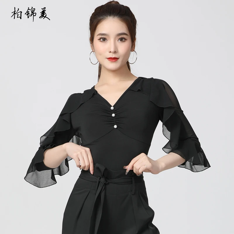 Latin Dance Top Female Adult New Lotus Leaf Sleeve Costume Ballroom Dance Modern Dance Performance Ballroom Dance Practice Dress