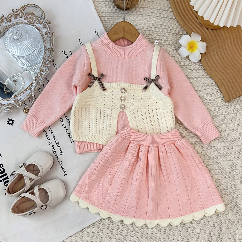 Kids Girls 2 Piece Knit Suit Long Sleeve Top Bow Decor Fake Two Sweaters Skirt Toddler Girls Sweet Princess Outfit 2-6 Years
