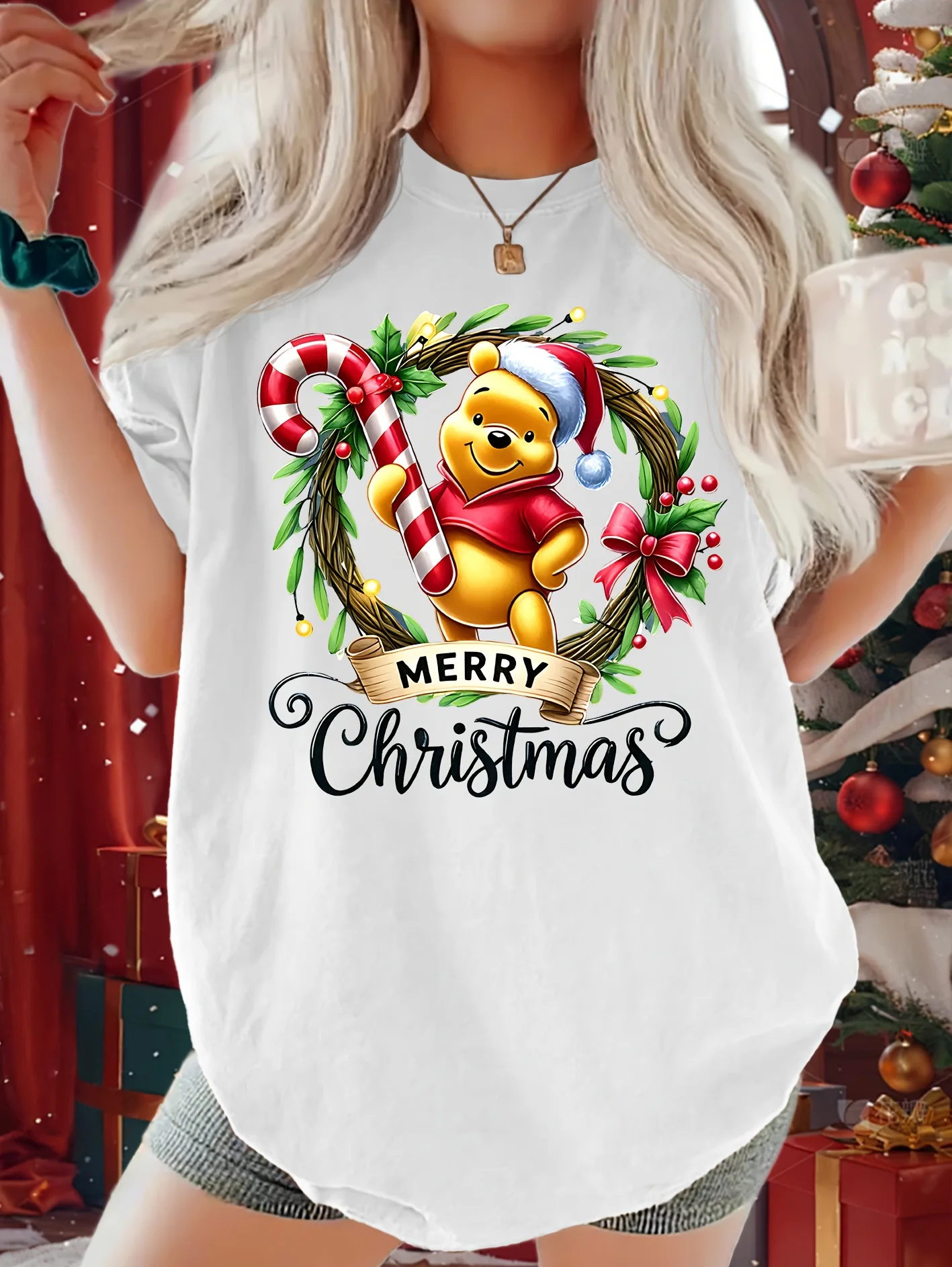 Disney Winnie The Pooh Christmas T-Shirt Cotton Men's Women  Casual Trendy  Oversized Loose Short Sleeve Unisex Event Outfit