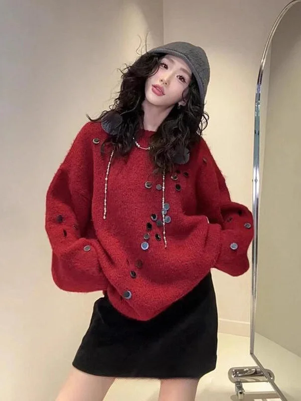 

Новогодний женский вязаный свитер с красными пайетками Ne Long Sve, зимний модный свободный мягкий теплый топ, удобная повседневная одежда