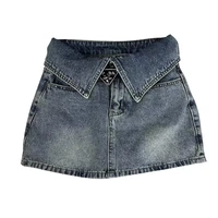2024 summer Korean style niche design slimming high waist cuffed denim short skirt for women anti-exposure A-line hip skirt - Image 3