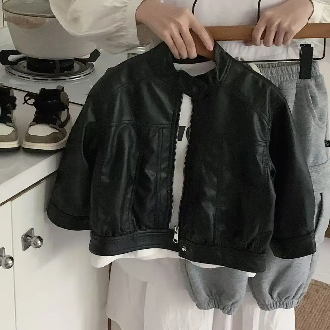 Spring Autumn Boys Leather Jackets For 1-12Years New Classics Handsome Girl Pu Outerwear Kids Clothing Zipper Fly Coats