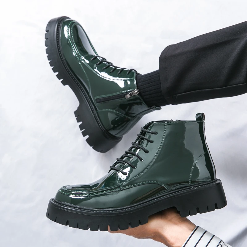 

New high-top leather shoes men's business formal wear patent leather shiny riding boots men's side zipper big-headed shoes
