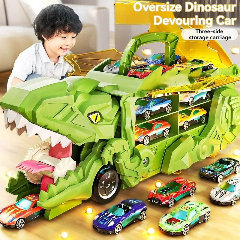 New Dinosaur Morphed Track Ejection Cars Tyrannosaurus Rex Devouring&Storage Alloy Fold Sliding Track Transporter Birthday Gifts