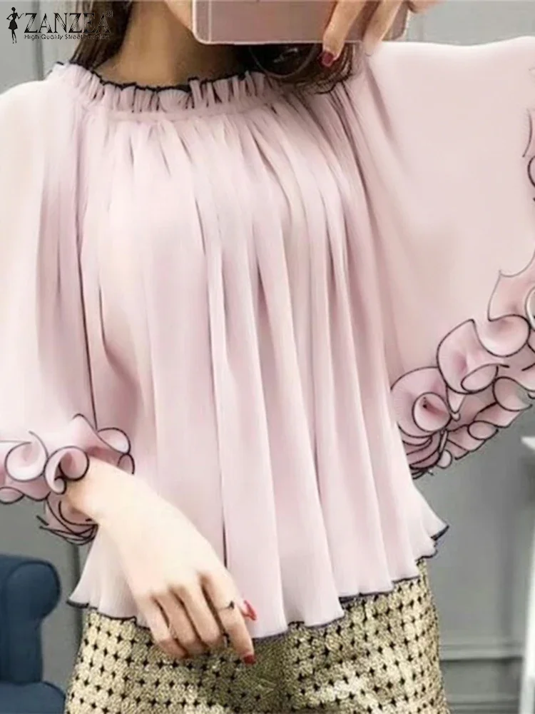 ZANZEA 2025 Camicetta da donna con maniche a pipistrello Camicetta coreana con volant Patchwork Top Chic elastico girocollo Tunica allentata Casual Blusas estivi