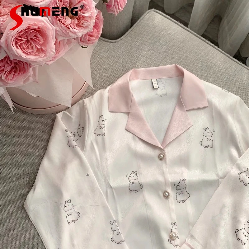 

Sweet Luxury Pure Desire Pajama Sets Women's Ice Silk Fashion Homewear Female Spring Summer Japanese Style Sweet Sleep Suit