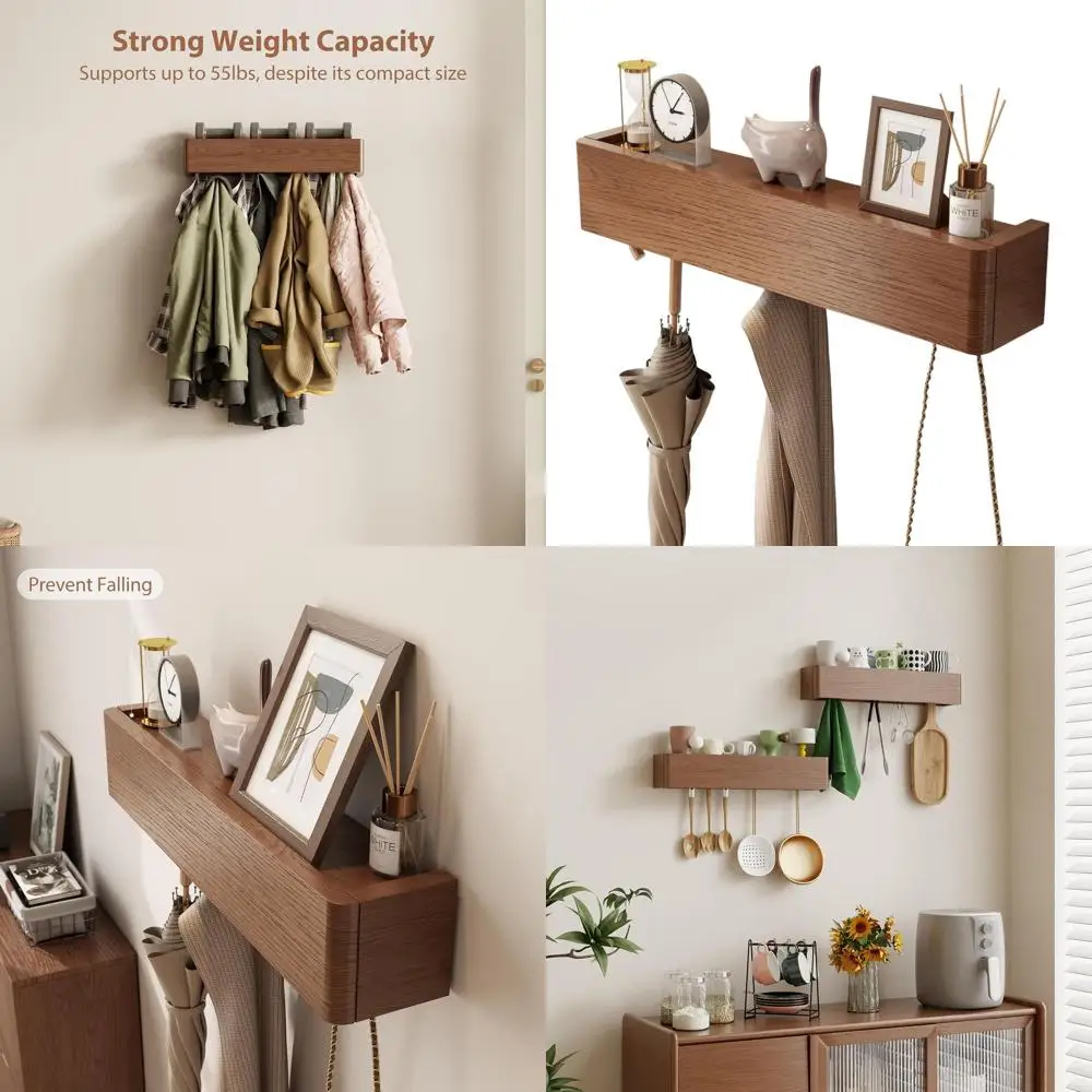 

Настенная вешалка для одежды из массива дерева с полкой и 5 крючками: Современный подвесной органайзер для прихожей и домашнего декора