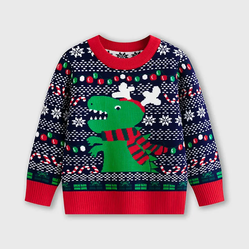 

Children's Sweater Top Cltohes Autumn Winter Christmas Dinosaur Round Neck Boys Girls Cute Xmas Pullovers Long Sleeves Knitwear