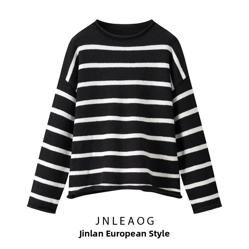 

Модный полосатый трикотаж, круглый пуловер из полиэфирного волокна, женский свободный крой, длинный све, осенний новый Sle JNLEAOG