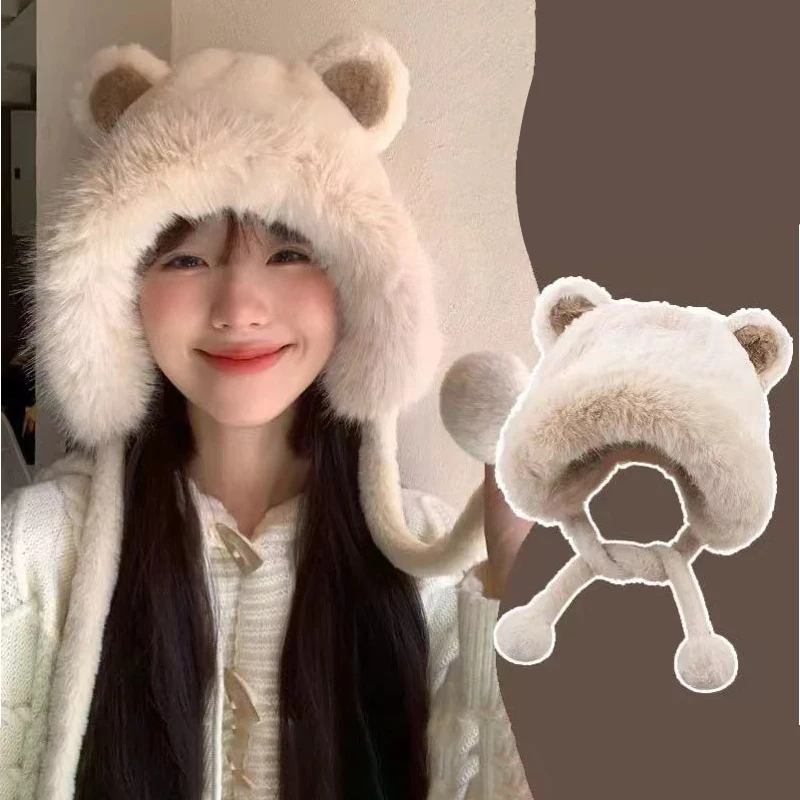 

Winter Fluffy Fur Bucket Hat With Bear Ear For Women Plush Ear Protection Fisherman Hat Panama Caps