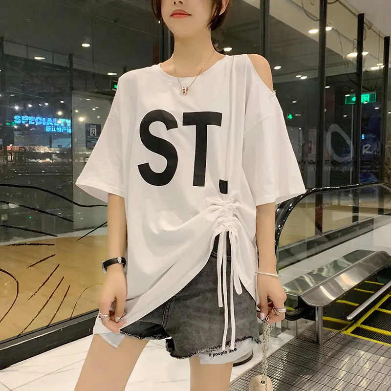 Hollow Out Off Shoulder Loose T Shirts Summer New Short Sleeve Solid Color Drawstring Tops Fashion Street Casual Women Clothing