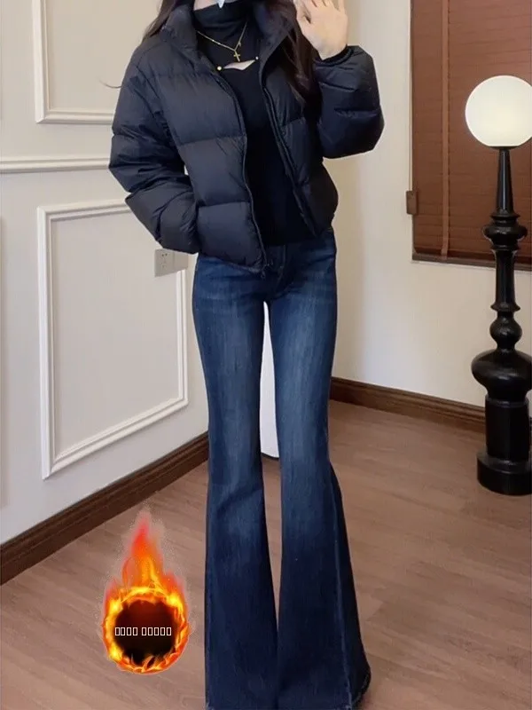 Thickened Fleece Women's Bootcut Jeans High Waist Retro Style Warm Loose Fit Non-Matching Leggings for Autumn Winter
