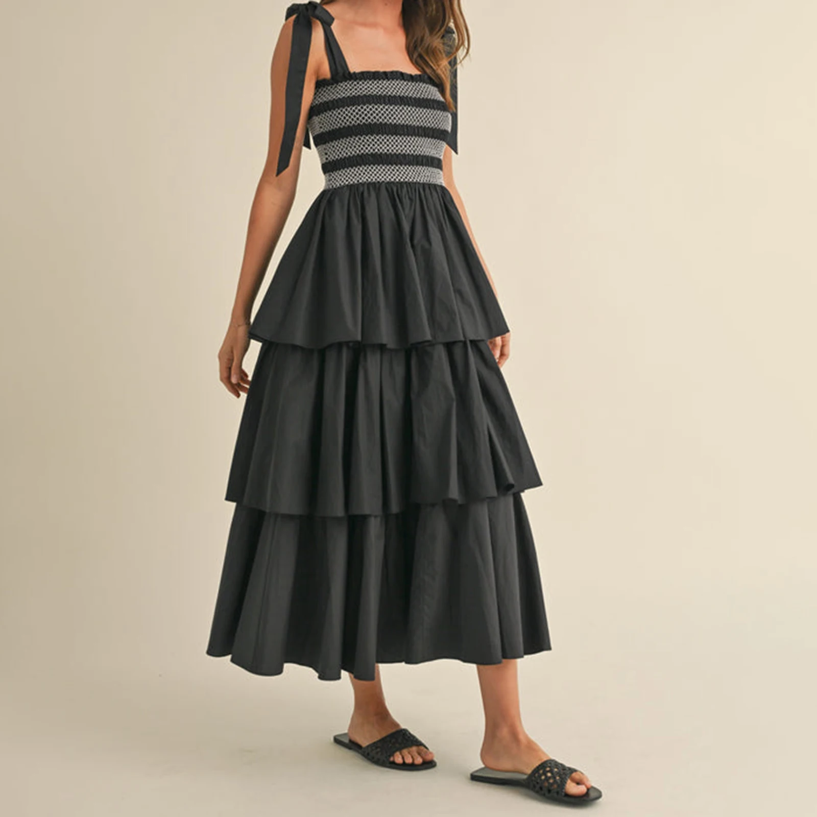 Abito da donna con spalline e cravatta, senza maniche, con busto smock, abito con volant a strati, per vacanze al mare, feste estive, abbigliamento quotidiano, streetwear