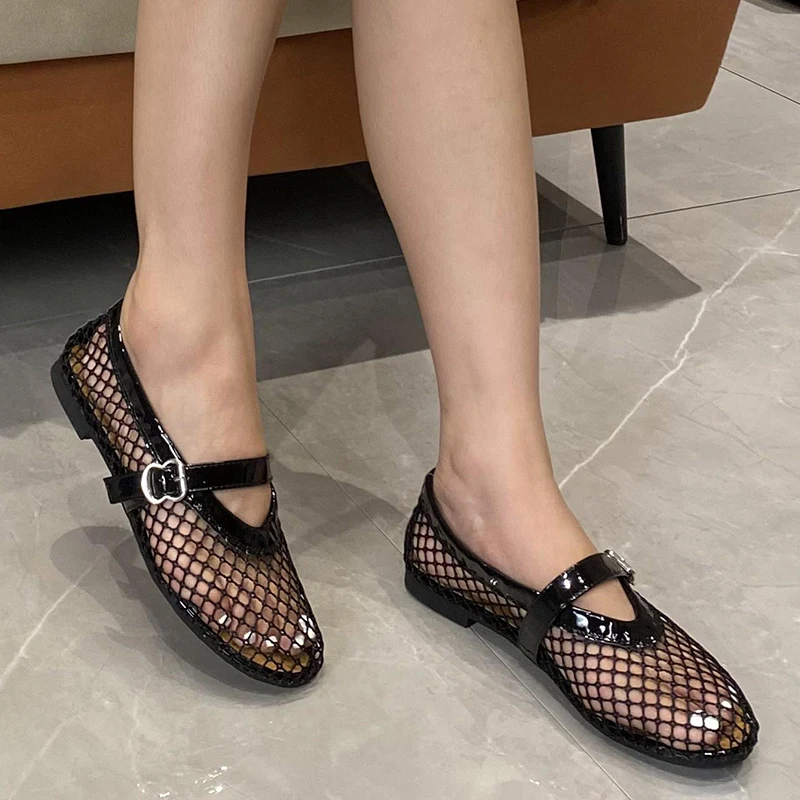 Ladies Ballet Flats Beach Holiday Mesh Women Lolita Flats Buckle Strap Casual Outside Fashion Female Mary Jane Shoes Big Size 43