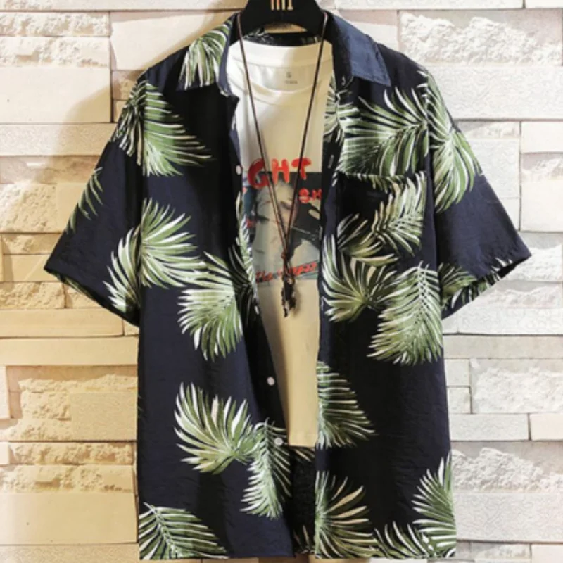 High Quality Japanese Hawaiian Blossom Shirt Summer Short Sleeve Men\'s Loose Vintage Beach Blossom Shirt Thin Coat D0079