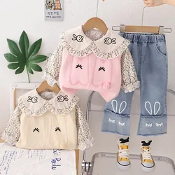 Baby Girls Shirt Floral Knitted Vest Jeans Cartoon Rabbit Children Clothing Sets Infant Clothes Outfits Kids Princess Costumes