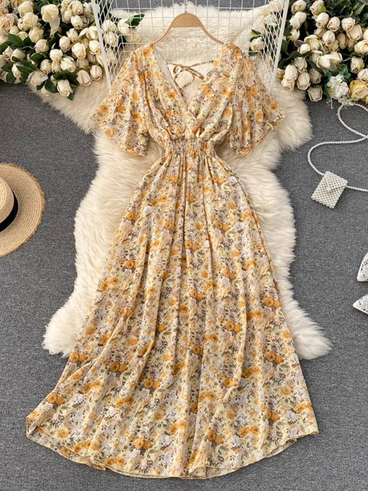 Women Summer Dress Bohemian Floral Print Sexy V-Neck High Waist Chiffon Long Dress Holiday Short Sleeve Backless Beach Vestidos