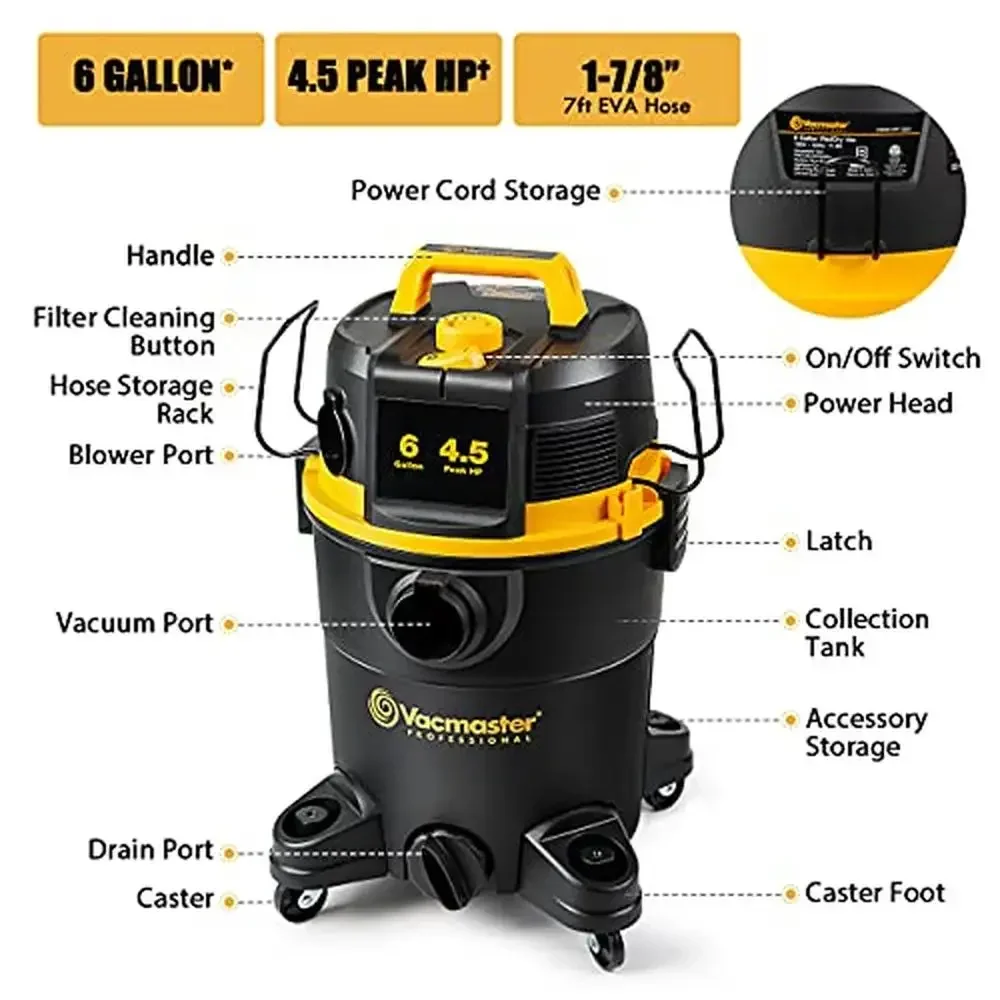 6-Gallon Wet/Dry Shop Vacuum with Filter Cleaning System & Multiple Accessories Powerful  Compact Household or Jobsite