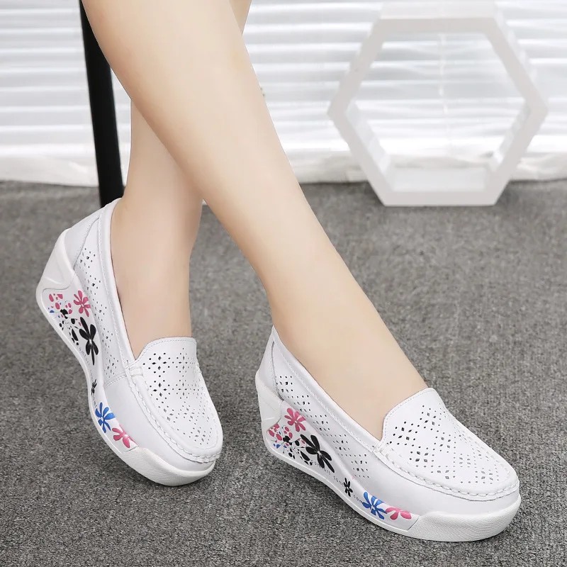 

Summer Hollow-out Genuine Leather Floral Women's Nurse Platform Shoes Thick-soled Moms Shoes Wedge Shoes