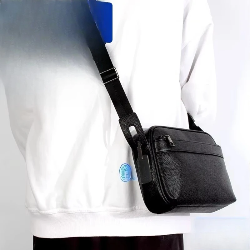 Men's Leather Crossbody Bag with Fingerprint Lock Fashion Men's Shoulder Bag