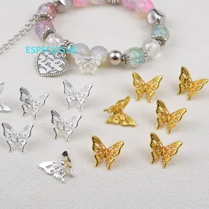 Cor Prata Banhado Beads Borboleta, Liga Estereoscópica, Encantos Handmade, Espaçador Oca para Pulseira, DIY Acessórios Jóias, 10 Pcs 10 principais vendas borboleta metal aplique - №2