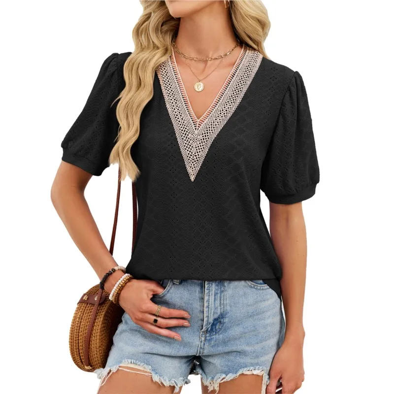 Loose Casual Top Women's Summer Fashion Short-sleeved Lace Stitching Versatile V-neck T-shirt Temperament Commuting Clothing