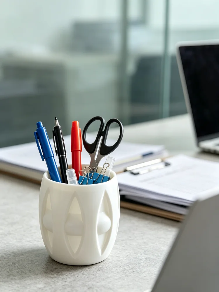Contemporary Neutral Home Decor White Geometric Hollow-Out Pen Holder, Diamond Pattern Embossed Oval Carving Hollow Design Matte White Desktop Storage Box, Multifunctional Stationery Organizer, Makeup Brush Holder Two-In-One, Nordic Minimalist Style Desktop Ornament, Suitable for Office Desk, Study Room, Dormitory, Dressing Table, Space-Saving Storage Items, Office Gifts, Teacher Gifts, Student Gifts, Housewarming Gifts, Women's Desktop Decoration