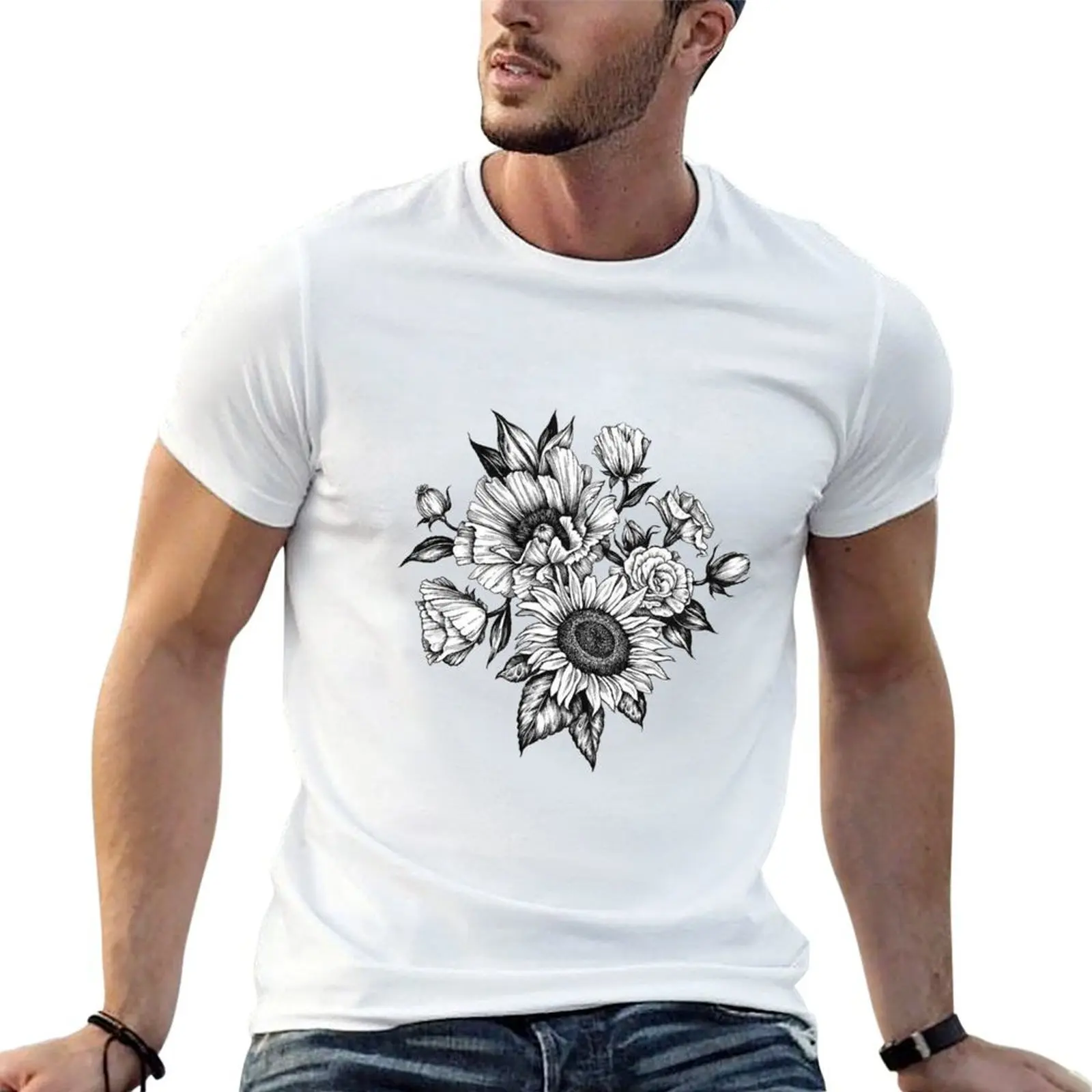 

flowers in ink T-Shirt t shirt custom print cotton t shirts man 100% T-Shirt