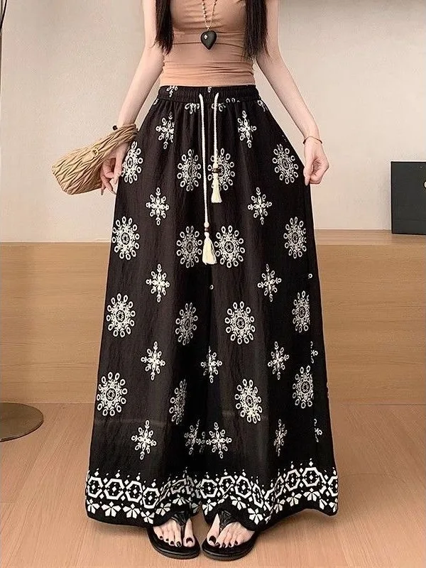 

Широкие брюки-юбка с цветочным принтом в стиле ретро, повседневные свободные женские летние брюки прямого кроя, универсальные и удобные