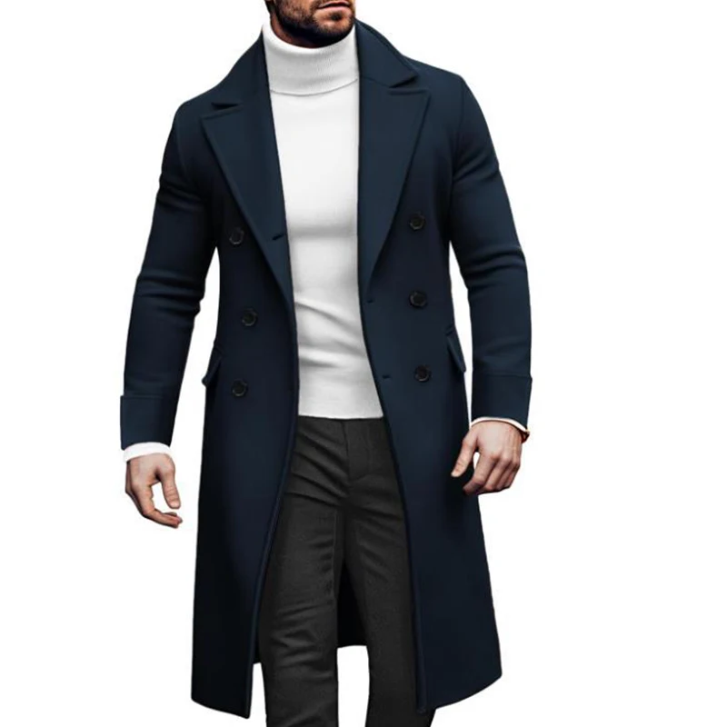 Men's Winter European Double-breasted Mid-length Woolen Coats Fashion Retro Leisure Solid Color Luxury Popular Trench Jacket