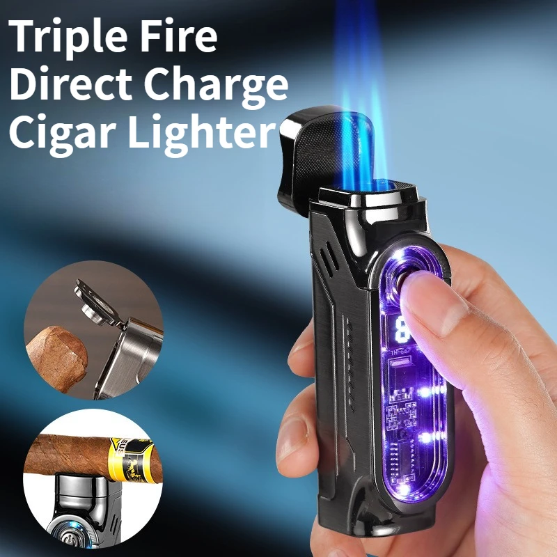 

New Touch Sensing Three Direct Charge Cigar Lighter High Temperature and Strong Fire Windproof Inflatable Rechargeable Lighter