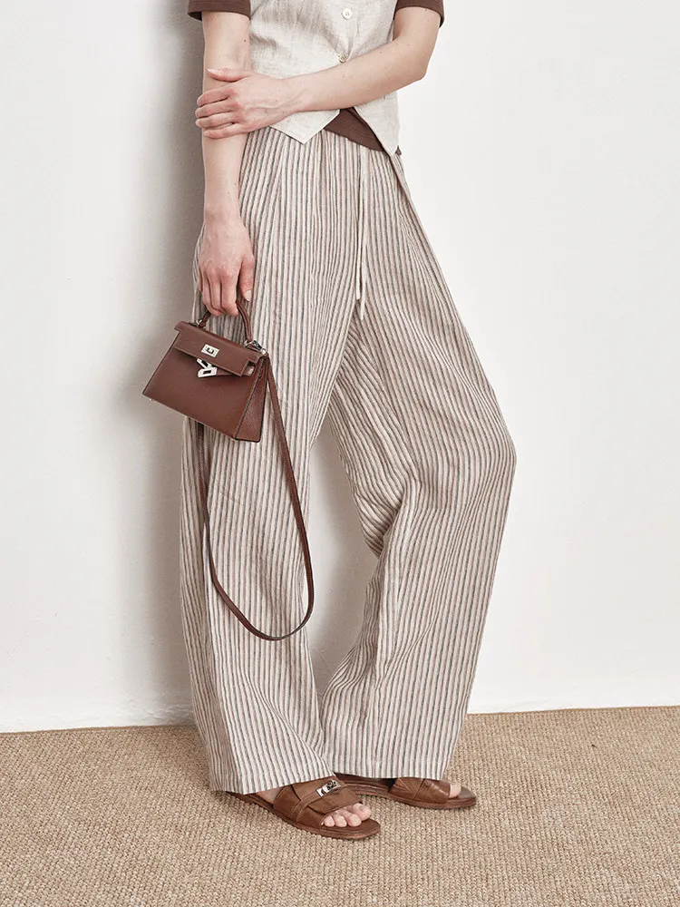 

UMILAB Comfortable Lazy Striped Linen Breathable Elastic Waist Long Pants Straight Leg Wide Leg Commute Style Summer Collection