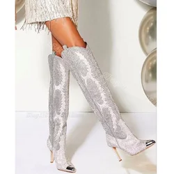 Silver Glitter Stiletto Knee Boots Pointed Toe Side Zipper British Style New Fashion Dress Women Shoes 2024 Zapatos Para Mujere