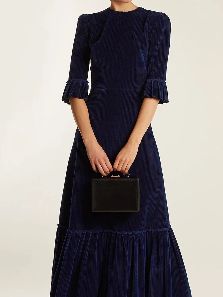Spring New Women Simple Commute Maxi Dress Vintage Corduroy Solid Color Slim Dress Elegant Half Sleeve High Waist Pleated Dress