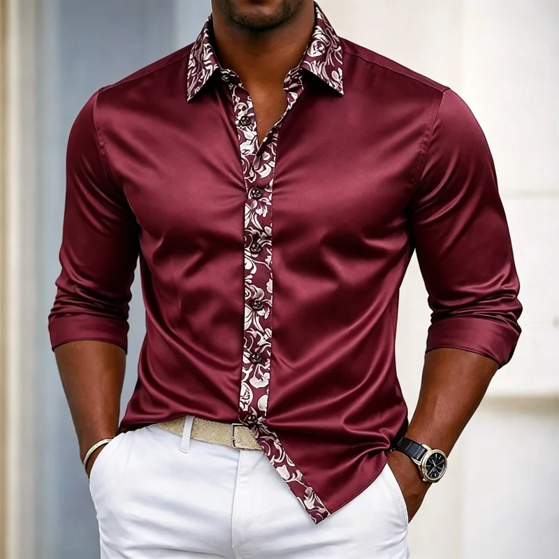 2026 new men's shirt patchwork printed long sleeved shirt fashionable design slim fit collar shirt outdoor casual men's top