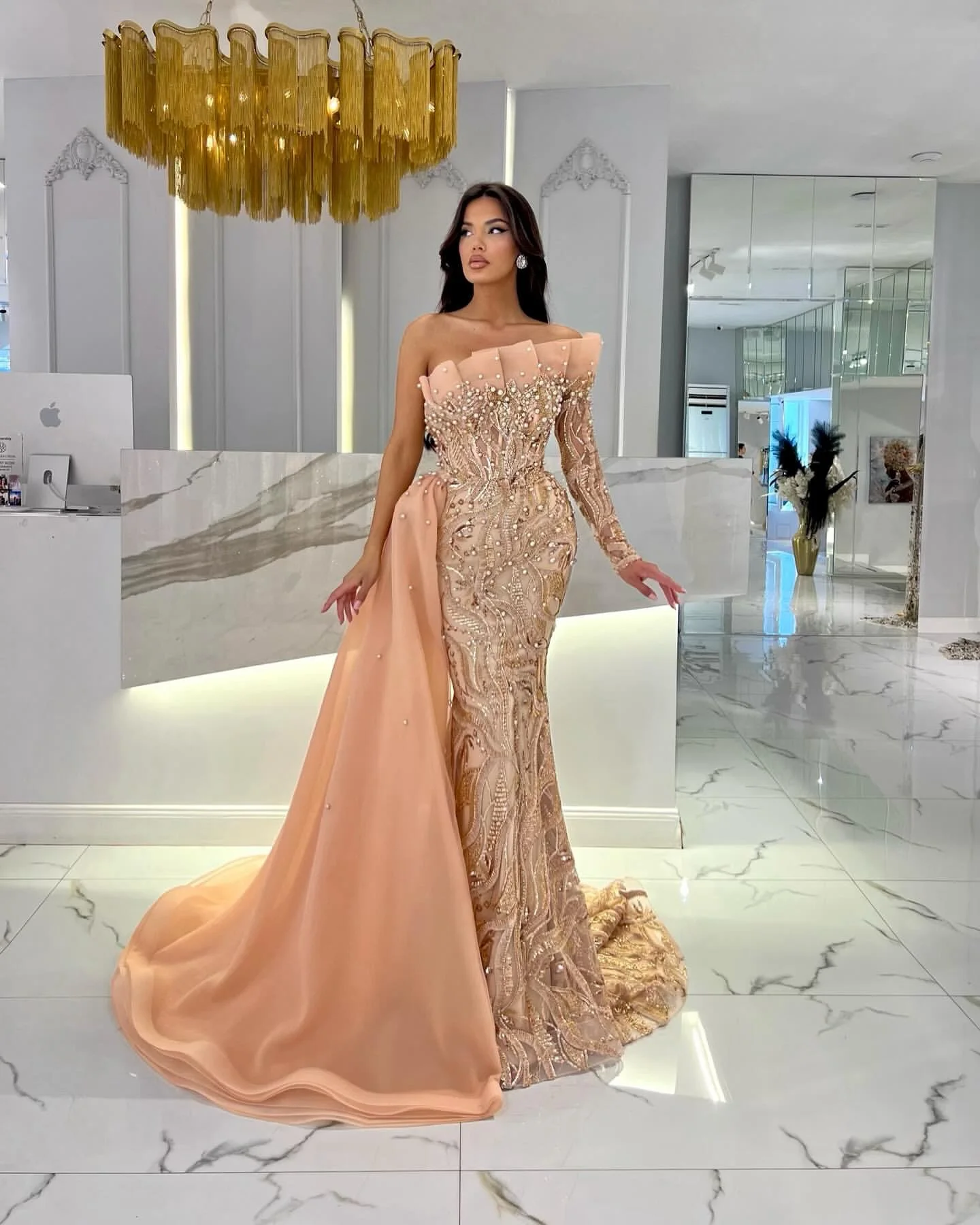 Champagne Pearls Mermaid evening dresses elegant one sleeve Sequined Formal prom dress Side Train long sleeves robe de soiree