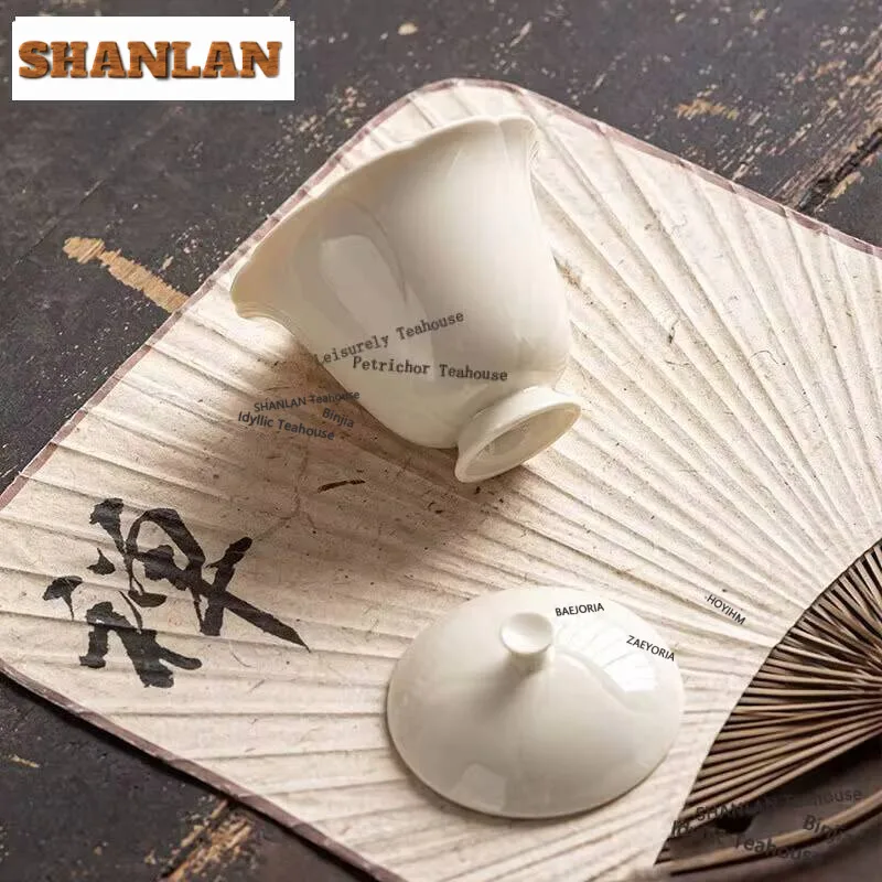 90ml Chinese Ding Kiln White Ceramic Gaiwan Handmade Flower Mouth High Foot Tea Tureen Tea Making Cover Bowl Teaset Supplies
