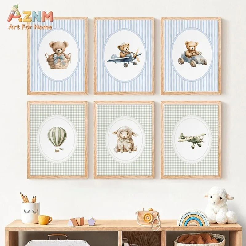 Watercolor Teddy Bear Nursery Wall Art Blue Stripes Checkered Canvas Prints Baby Boy Bedroom Decor Unframed Set of 6