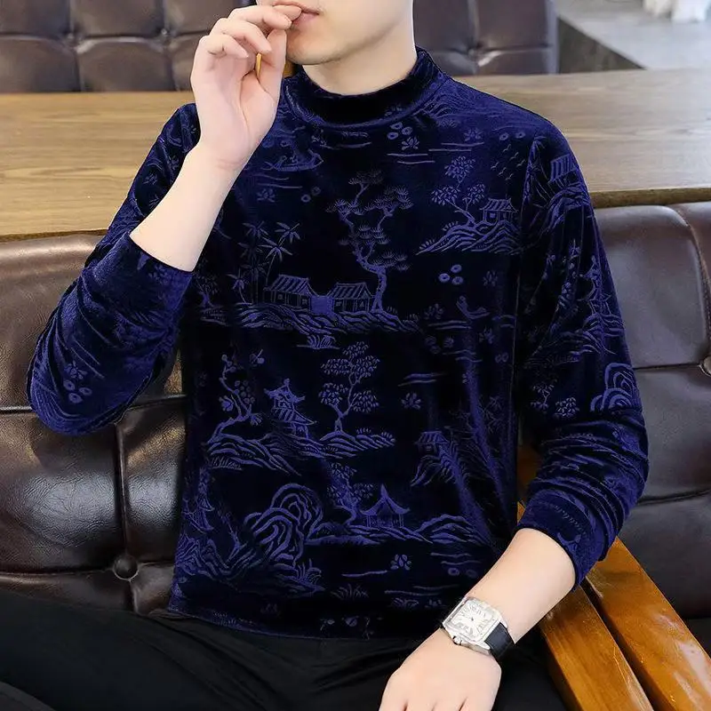 

High-end Gold Velvet Sweater Men's Autumn and Winter Casual Long Sleeve T-Shirt Undershirt High Quality Men's Top
