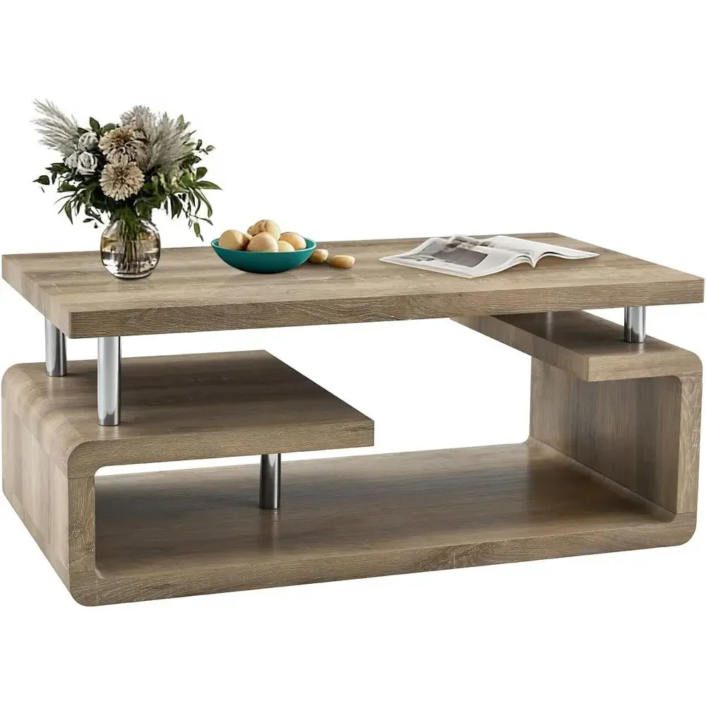

3-Tier Large Wooden Coffee Table with Storage for Living Room, Office - Retro Wood Grain Design