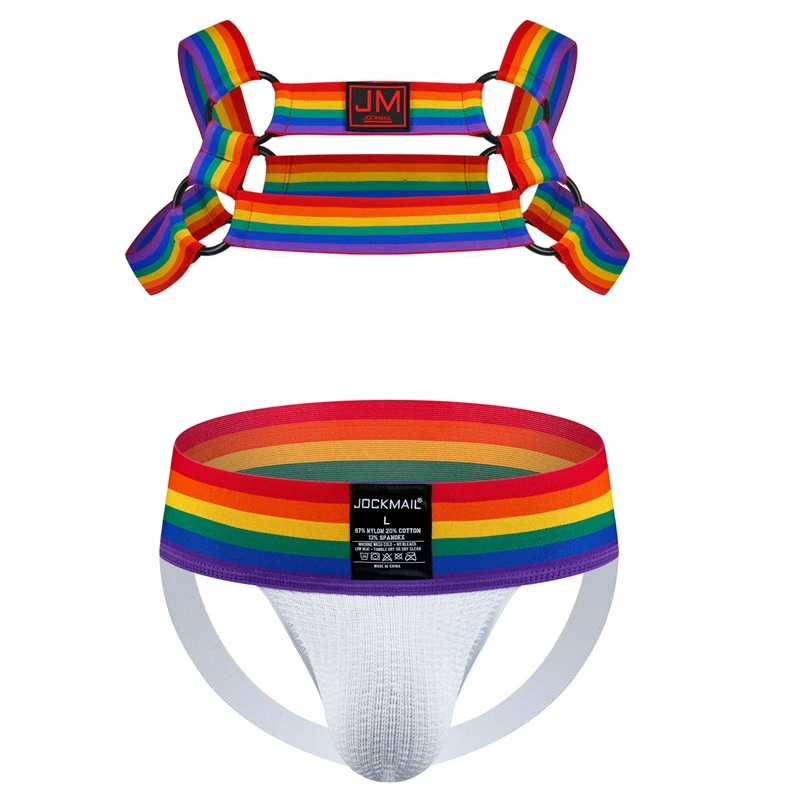 Conjuntos de ropa interior con arnés para hombre, ropa interior erótica Gay, lencería, cinturones de Bondage, fetiche, suspensorio para hombre, Tanga con patrón de arco iris