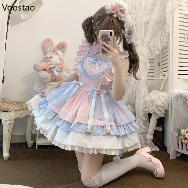 Sweet Lolita Jsk Dress Women Kawaii Mesh Ruffles Flower Bow Lace Party Slim Dresses Japanese Harajuku Cute Princess Mini Dress