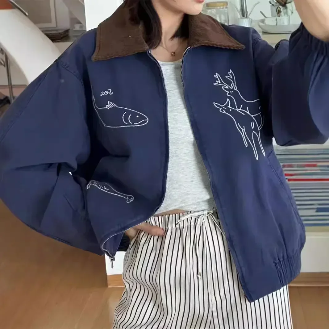 Chaqueta bordada para mujer, chaqueta con solapa de contraste de pana Retro de nicho, otoño e invierno, 2024