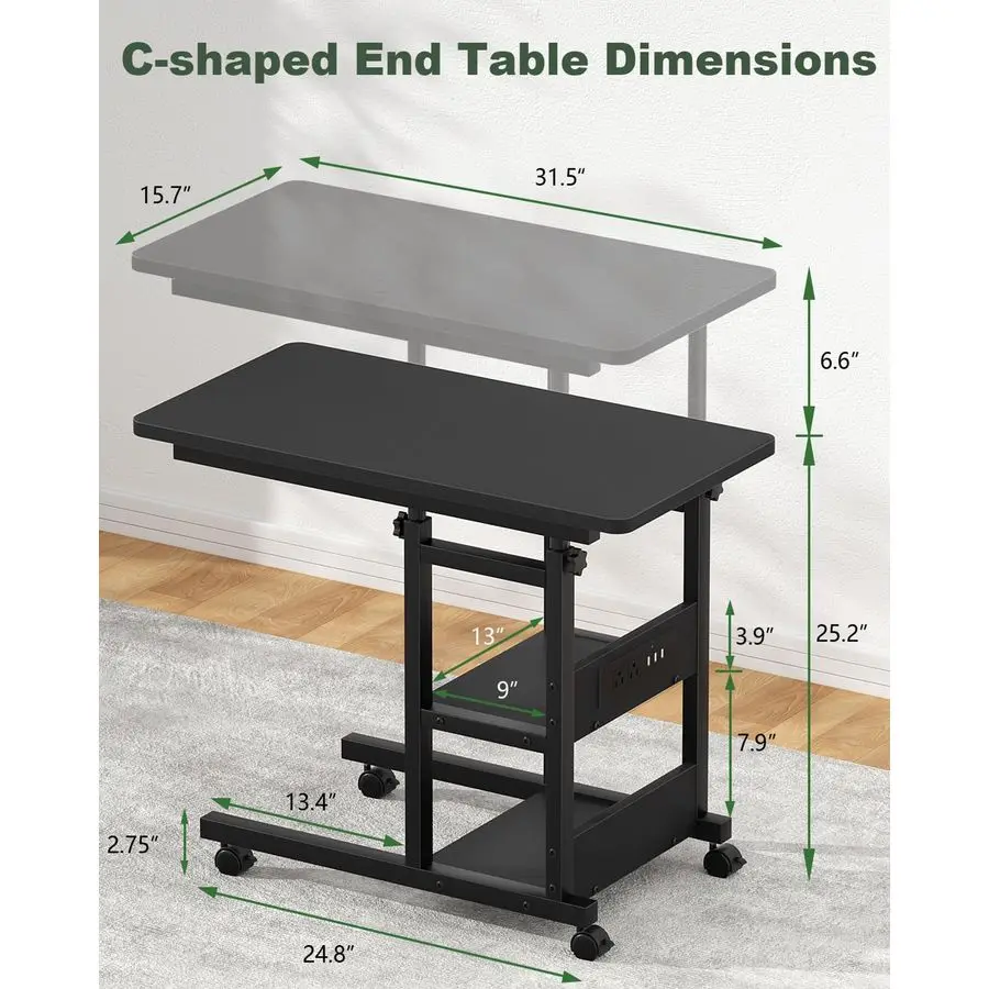 C Shaped End Table Height Adjustable Couch Side Table with Charging Station, TV Tray with Wheels Slide Under Sofa for Small Spac