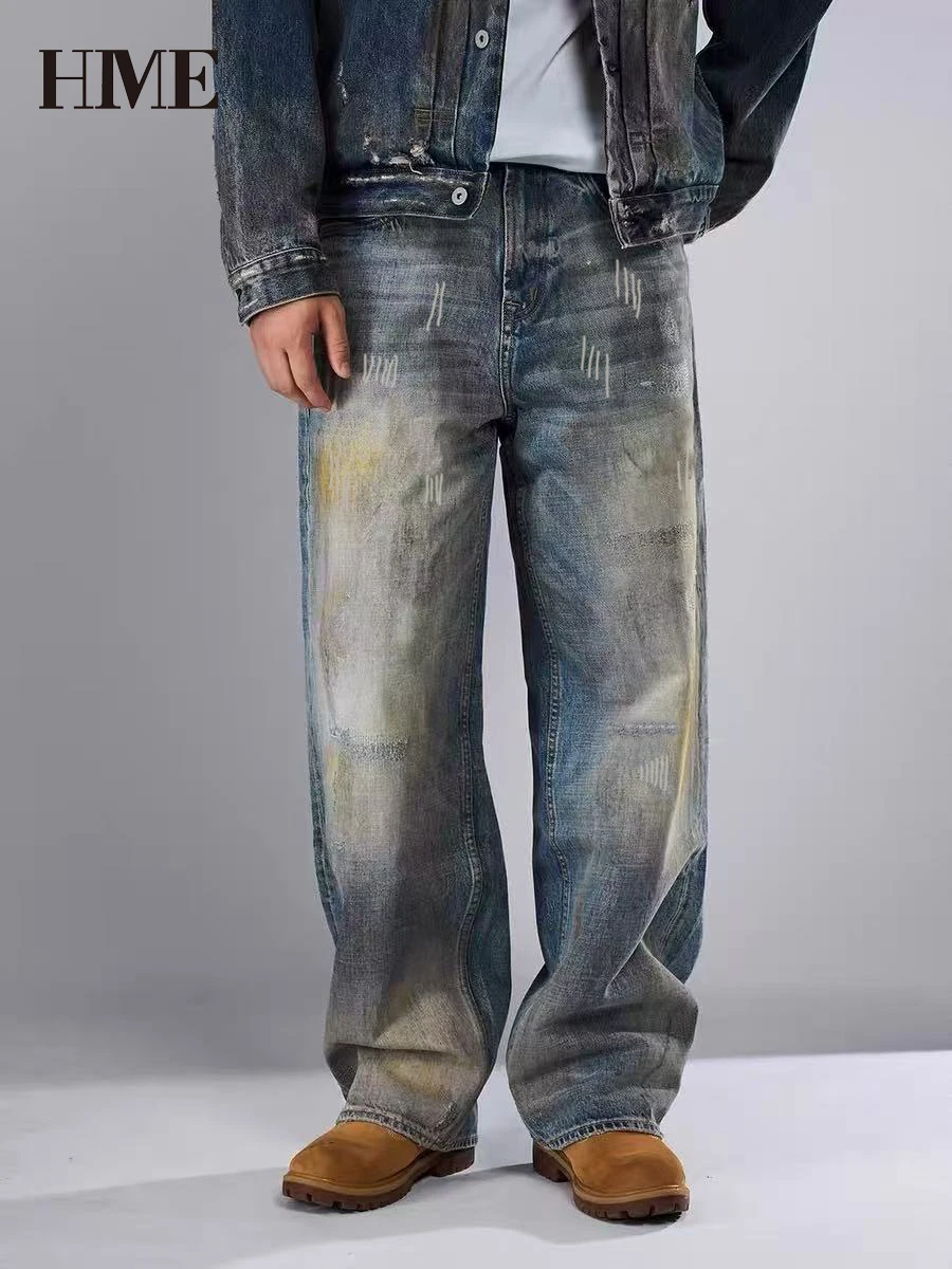 【HME】Men's Jeans | Vintage Mud Wash Denim Pants For Men, Distressed Faded Denim Jeans, Heavy‑Wash Retro Male Denim Trousers, Thick Sturdy Denim Fabric, Wide‑Leg Loose Fit Streetwear Bottoms For Urban Daily Outfit