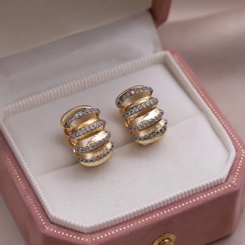 Korean new design fashion jewelry two-color plated metal wavy zircon hoop earrings elegant women's daily work accessories