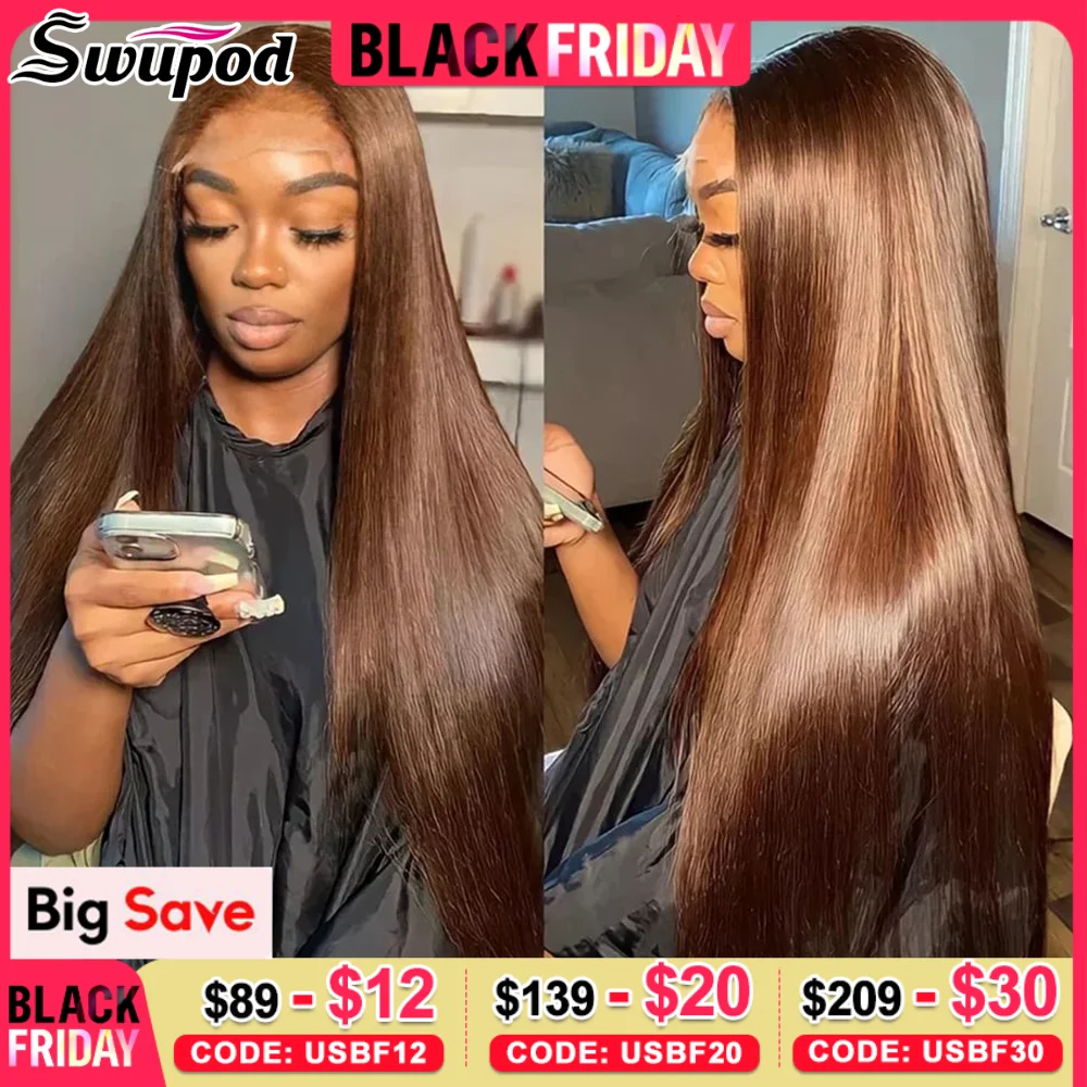 Perruque Full HD Lace Wig Remy Naturelle, Cheveux Lisses, Noir, Brun #4, 13x6, 13x4, Densité 360, pour Femme, 200%