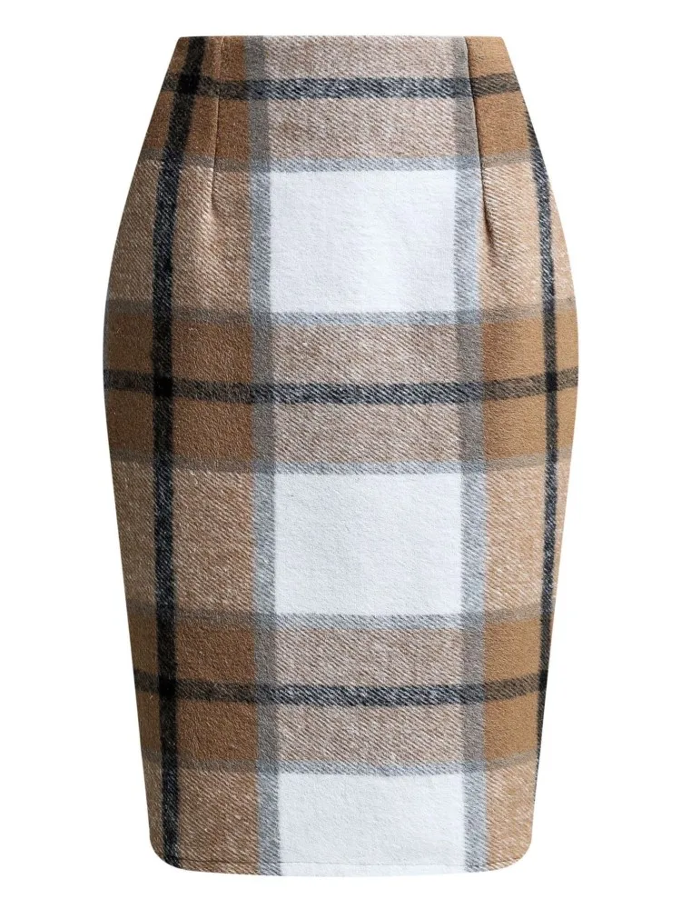 Elegant Plaid Printed Pencil Skirt For Women Fashionable Autumn Winter High Waist Slim Brushed Vintage Casual Skirt Female