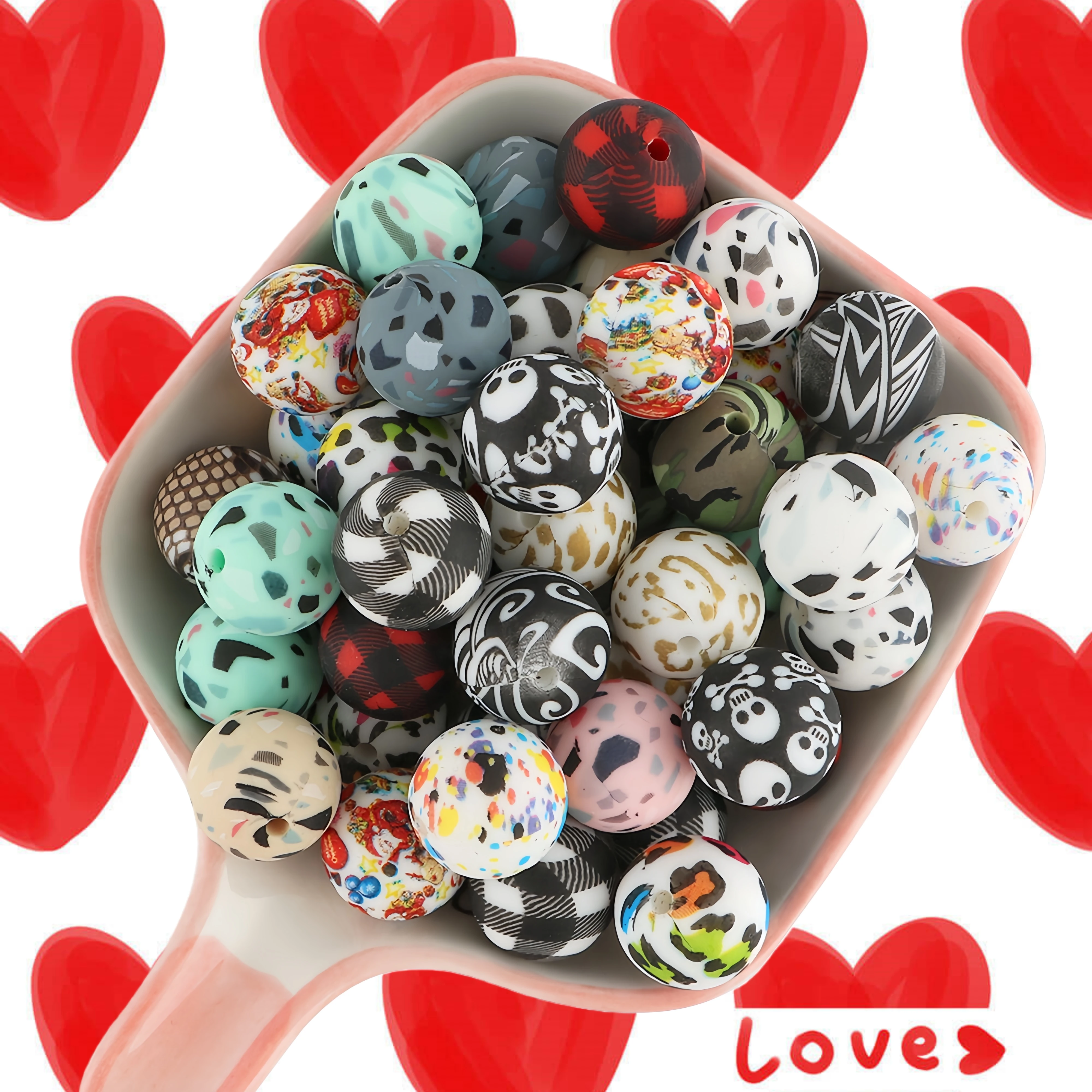 

50/100Pcs 15mm Silicone Printed Round Beads DIY Keychain Necklace Bracelet Accessories For Jewelry Making